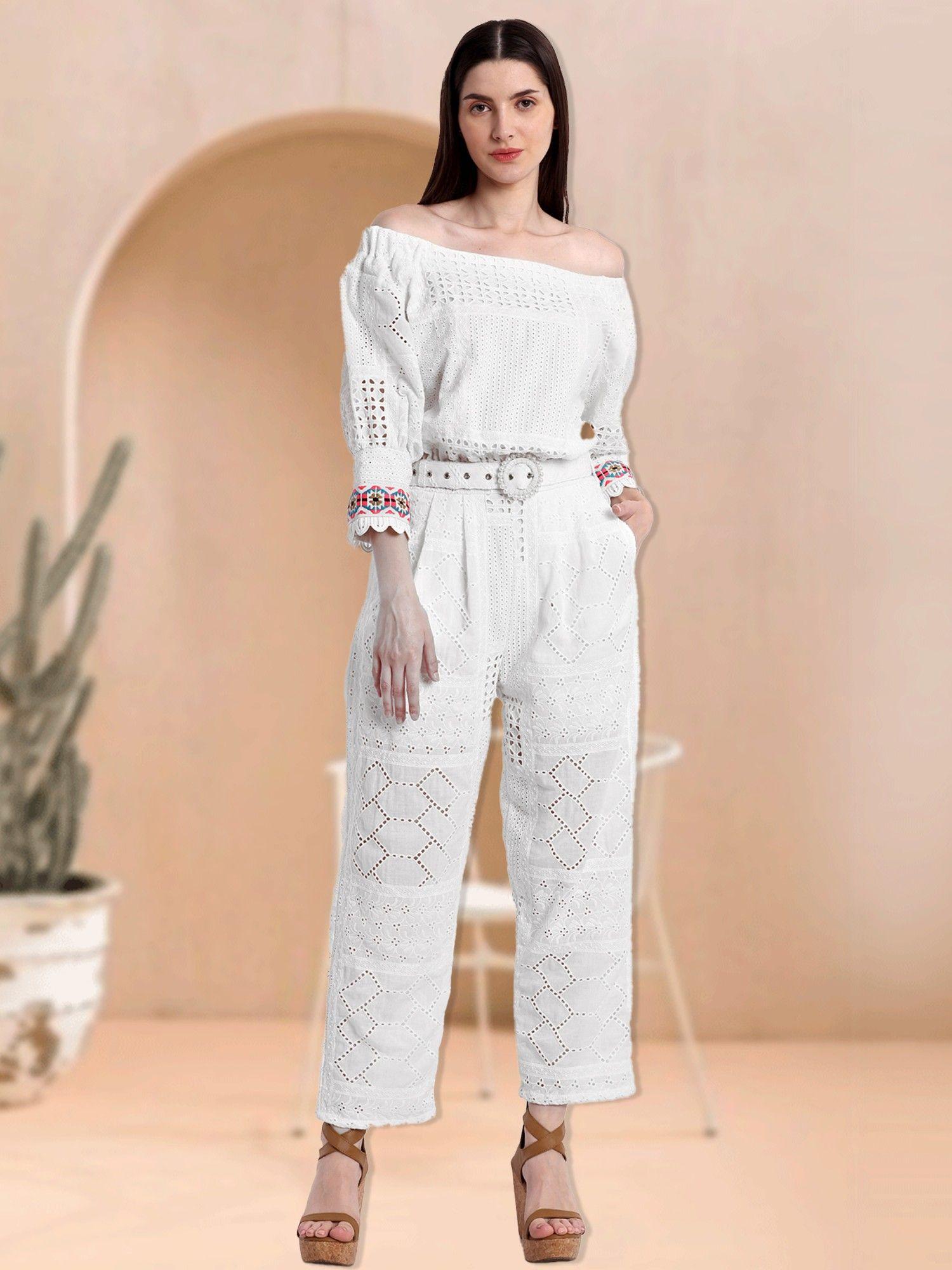 white cotton lace bardot balloon sleeve jumpsuit (set of 2)