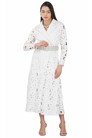 white cotton lace trench dress