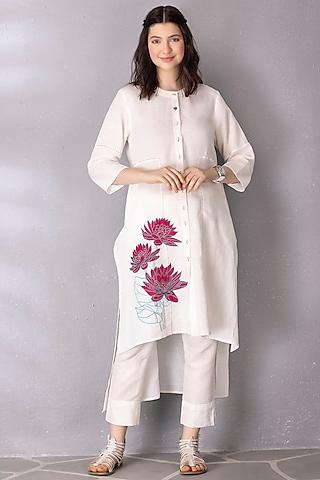 white cotton linen embroidered high-low tunic set