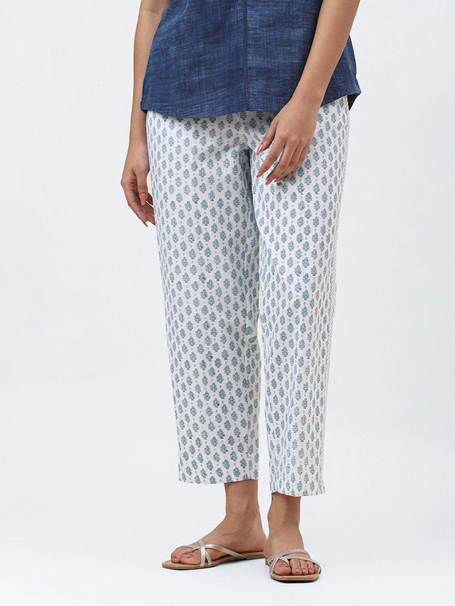 white cotton linen hand block printed casual pant