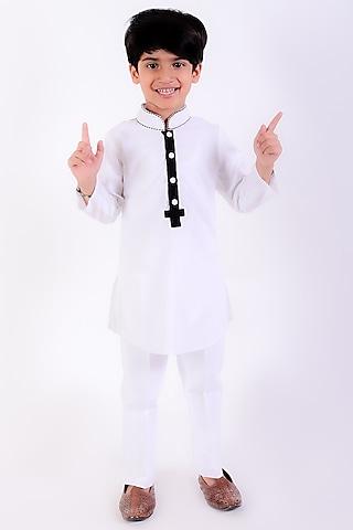 white cotton linen thread embroidered kurta set for boys