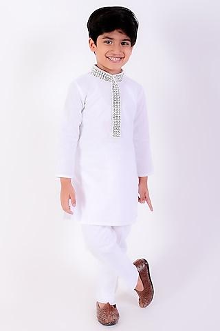 white cotton linen thread embroidered kurta set for boys