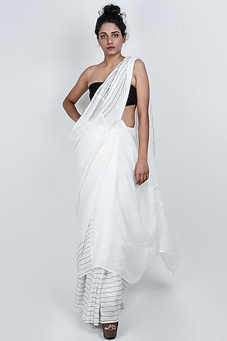 white cotton linen thread work saree
