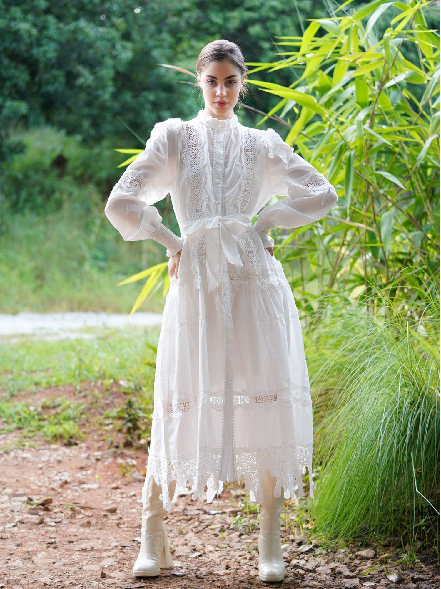 white cotton long shirt dress with lace (set of 2)