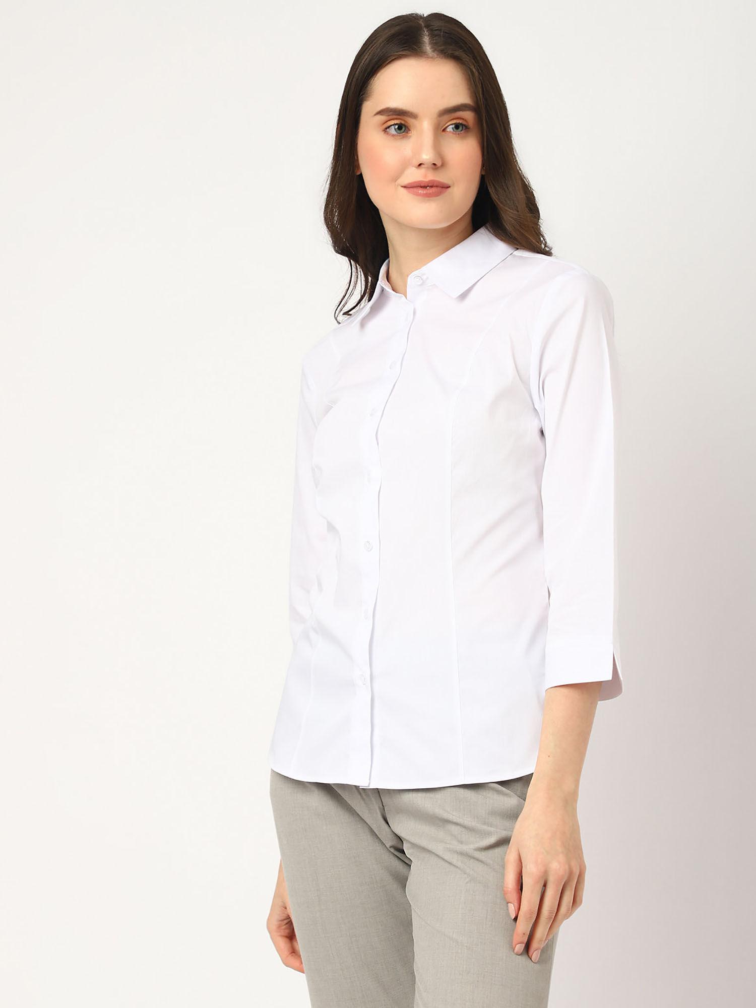 white cotton mix plain spread collar shirt