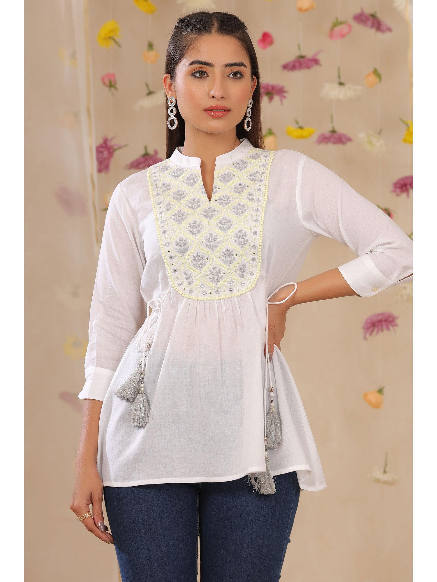 white cotton moss embroidered a-line tunic