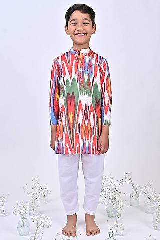 white cotton multi-colored ikat printed kurta set for boys