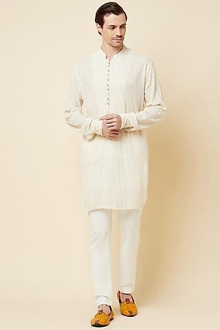 white cotton polyester embroidered kurta set for boys