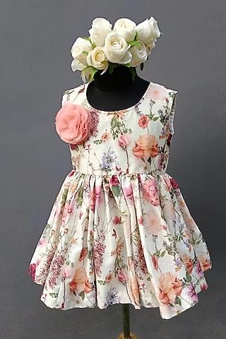 white cotton poplin & organza floral printed dress for girls