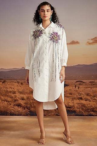 white cotton poplin embroidered shirt dress