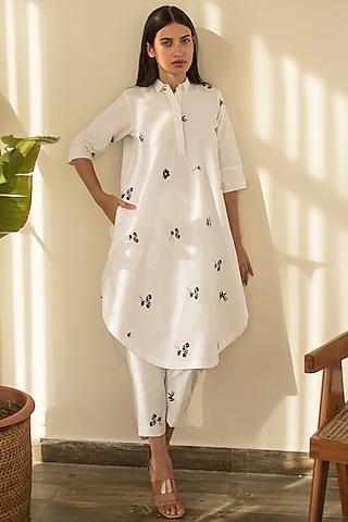 white cotton poplin printed tunic set