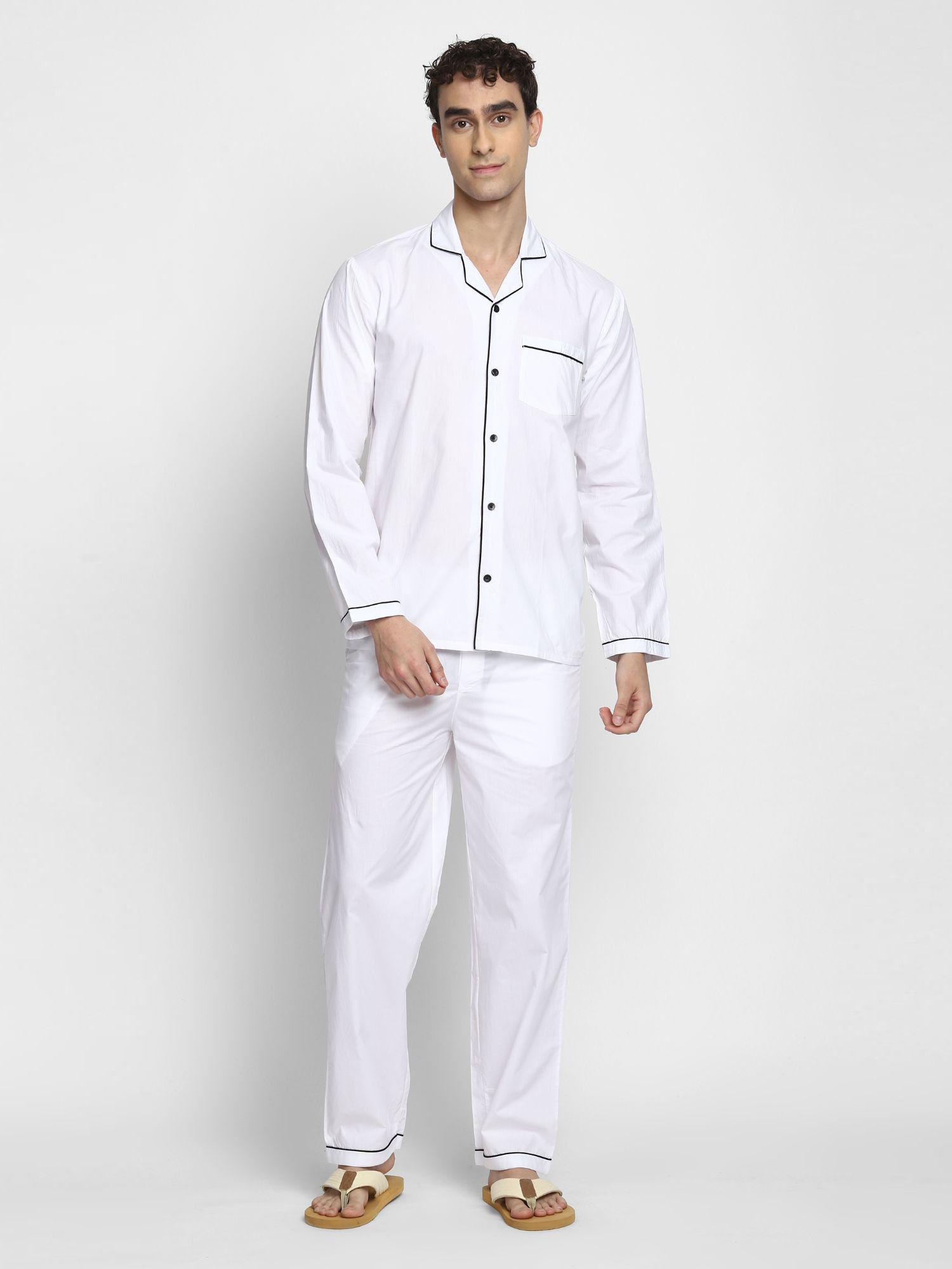 white cotton poplin with black piping mens night suit