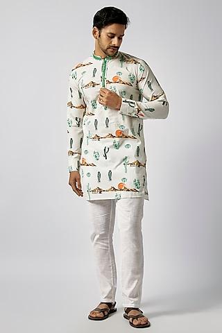 white cotton printed & embroidered kurta set for boys
