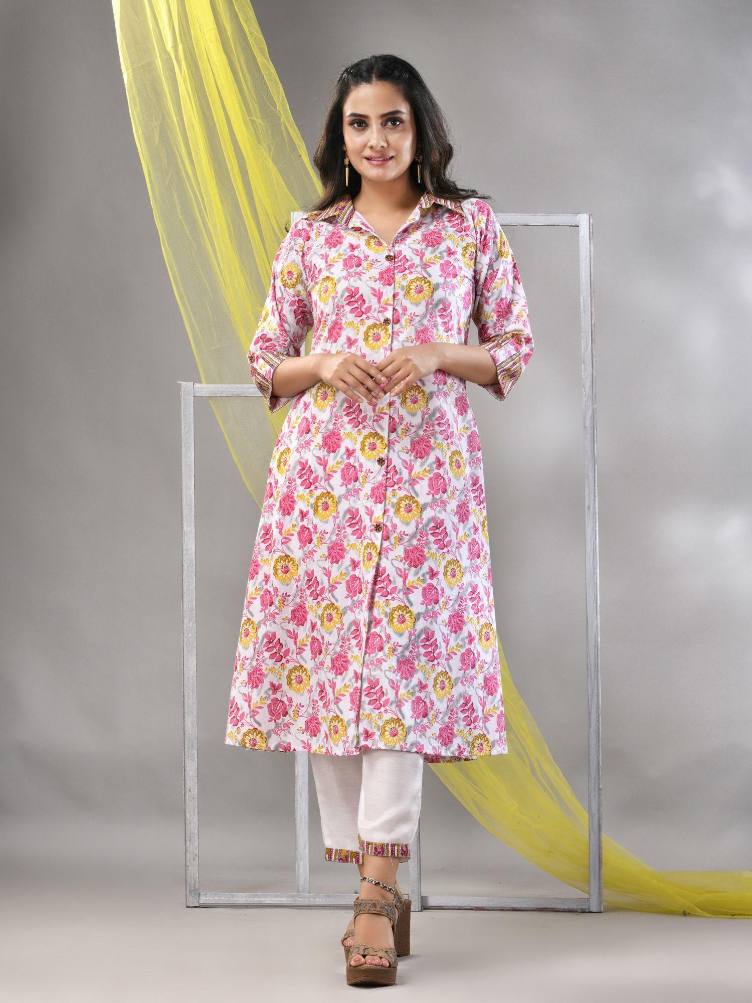 white cotton printed a-line kurta