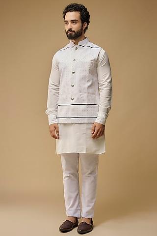 white cotton printed bundi jacket set for boys