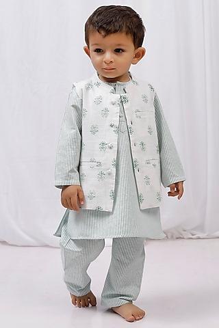 white cotton printed bundi jacket with kurta set for boys
