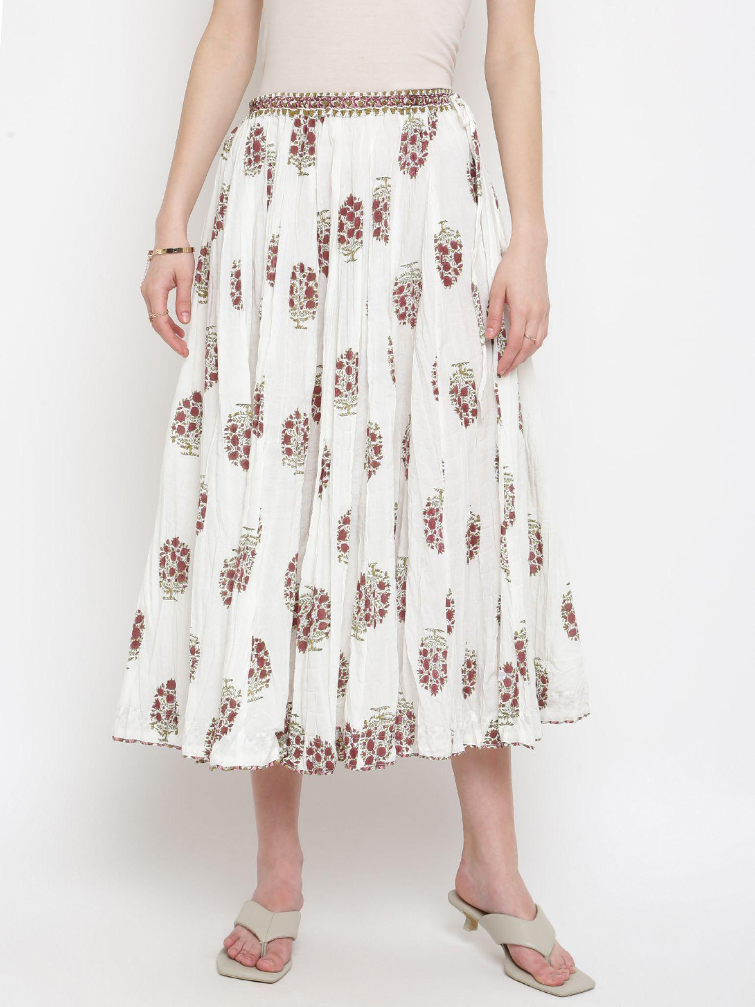 white cotton printed crinkled long skirts