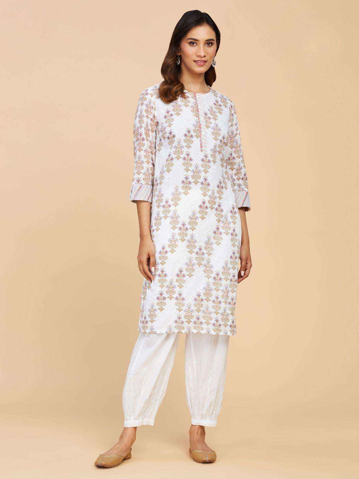 white cotton printed knee length kurta