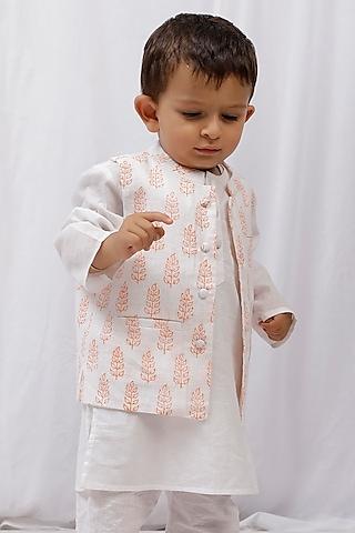 white cotton printed nehru jacket for boys