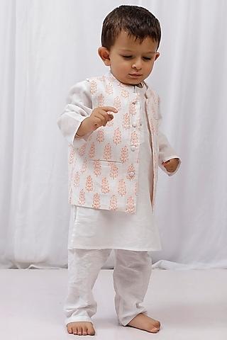 white cotton printed nehru jacket with kurta set for boys