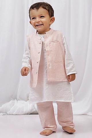 white cotton printed nehru jacket with kurta set for boys