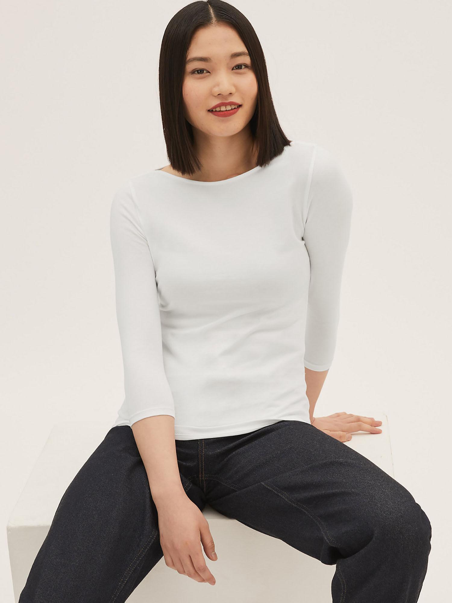 white cotton rich slim fit 3-4 sleeve top