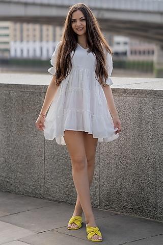 white cotton ruffled mini dress