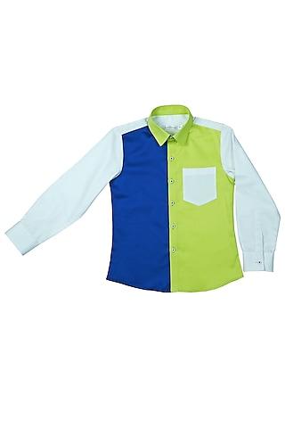 white cotton satin color block shirt for boys