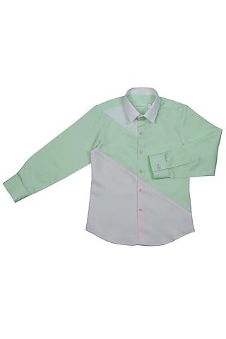 white cotton satin color block shirt for boys