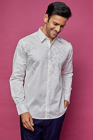 white cotton satin embroidered shirt