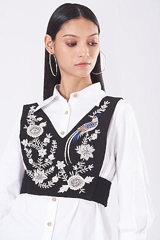 white cotton satin shirt with black waist jacket