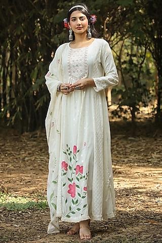 white cotton schiffli embroidered & printed anarkali set