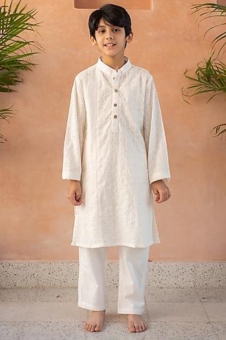 white cotton schiffli embroidered kurta set for boys