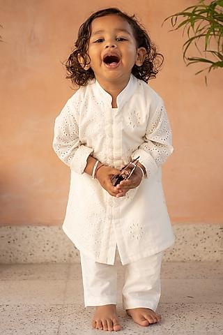 white cotton schiffli embroidered kurta set for boys