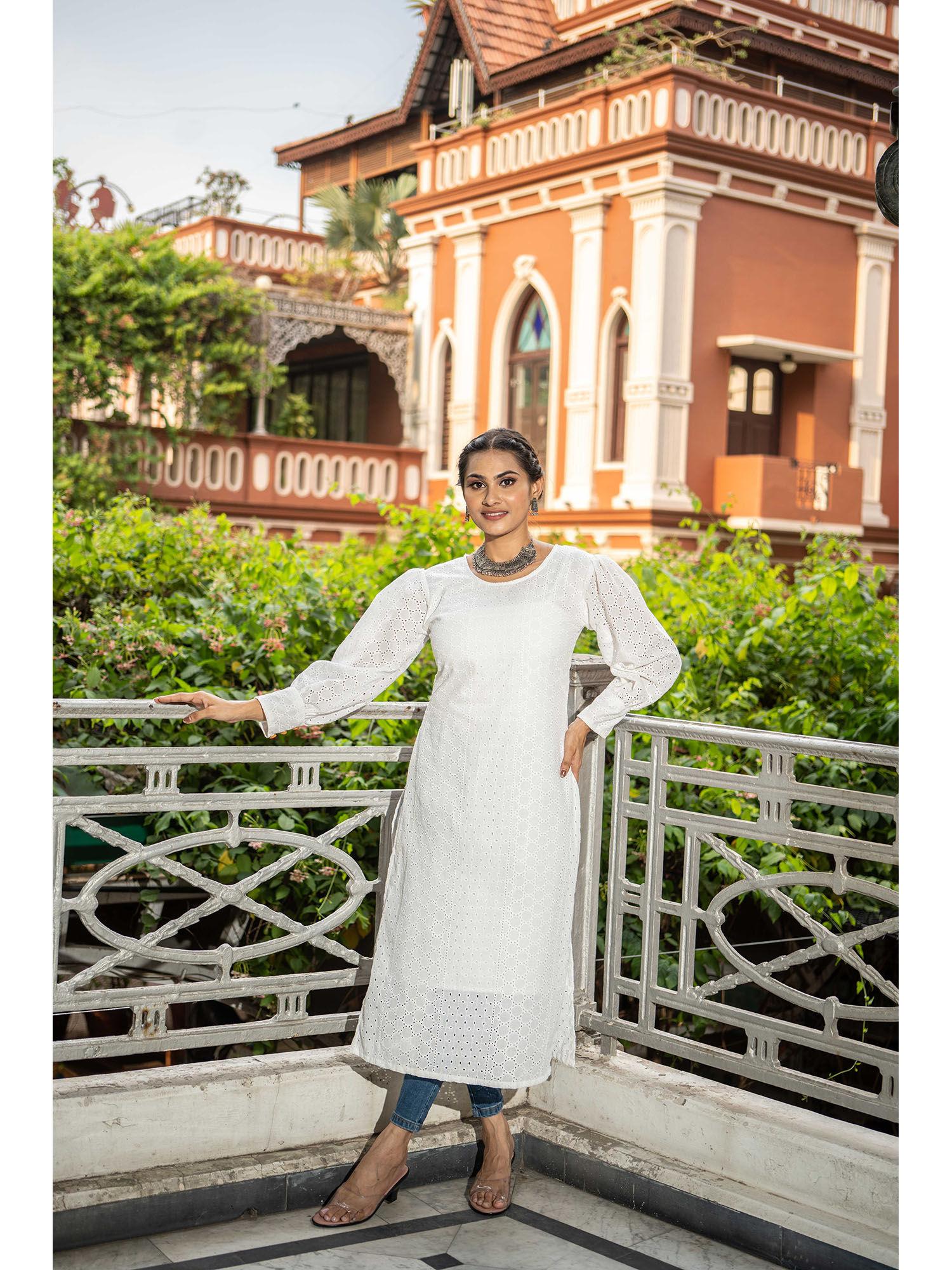 white cotton schiffli embroidery kurta