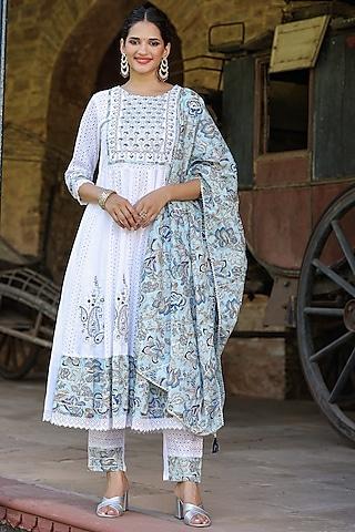 white cotton schiffli sequins embroidered anarkali set