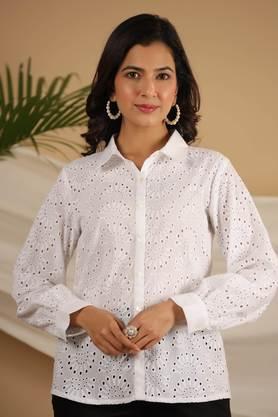 white cotton schiffli women solid button-up design shirt with broad cuff - white