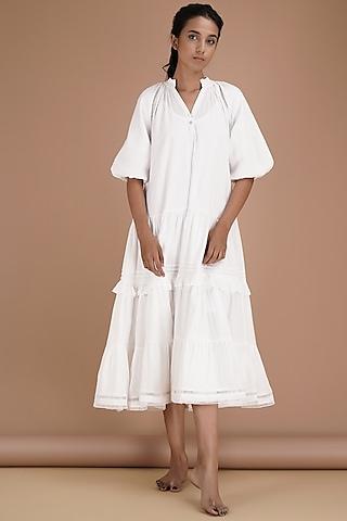 white cotton seersucker a-line midi dress
