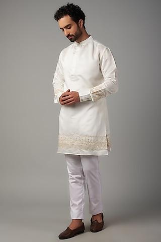 white cotton silk applique embroidered kurta set for boys