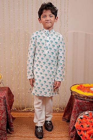 white cotton silk block printed kurta set for boys