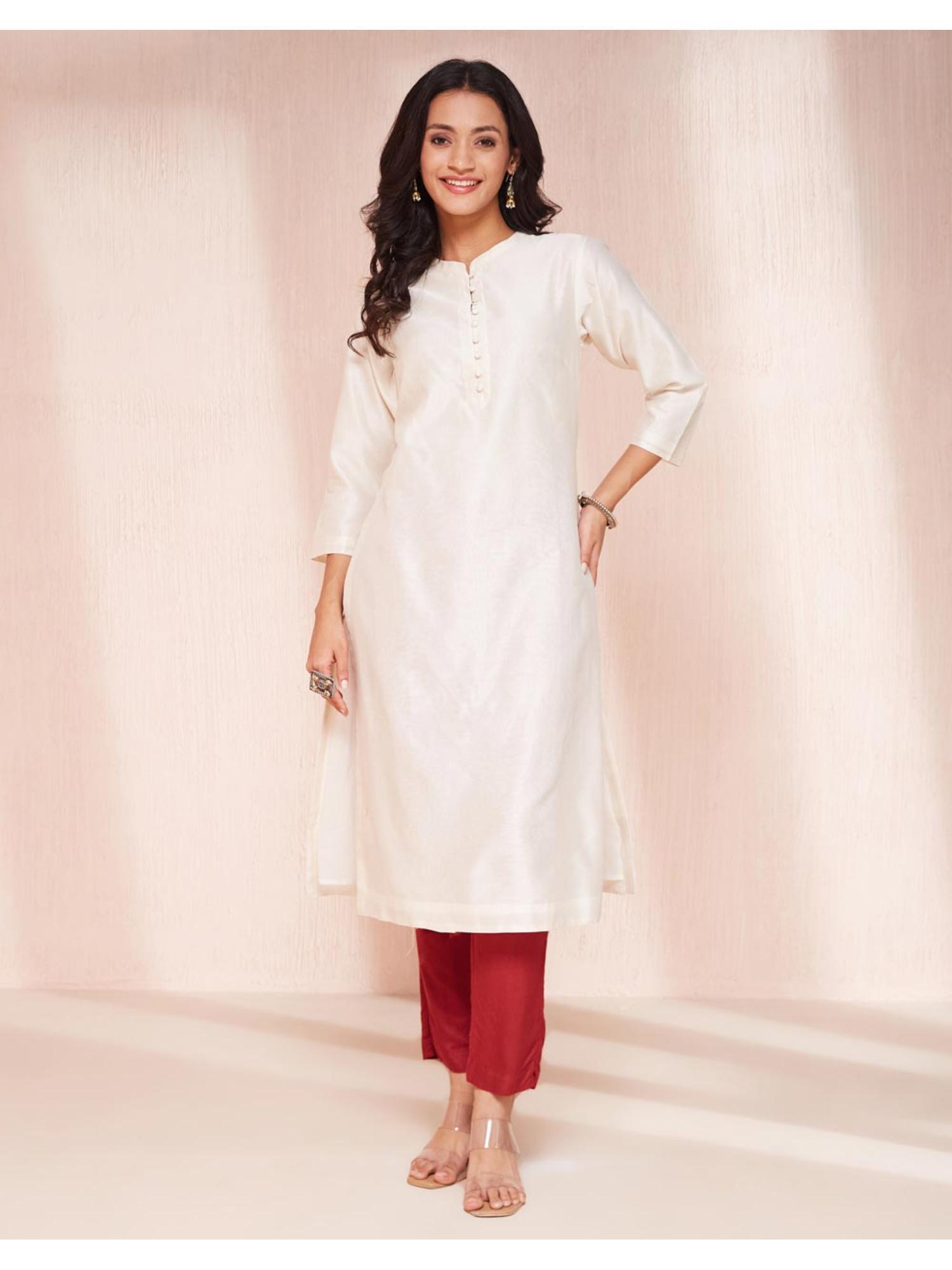 white cotton silk calf length long kurta