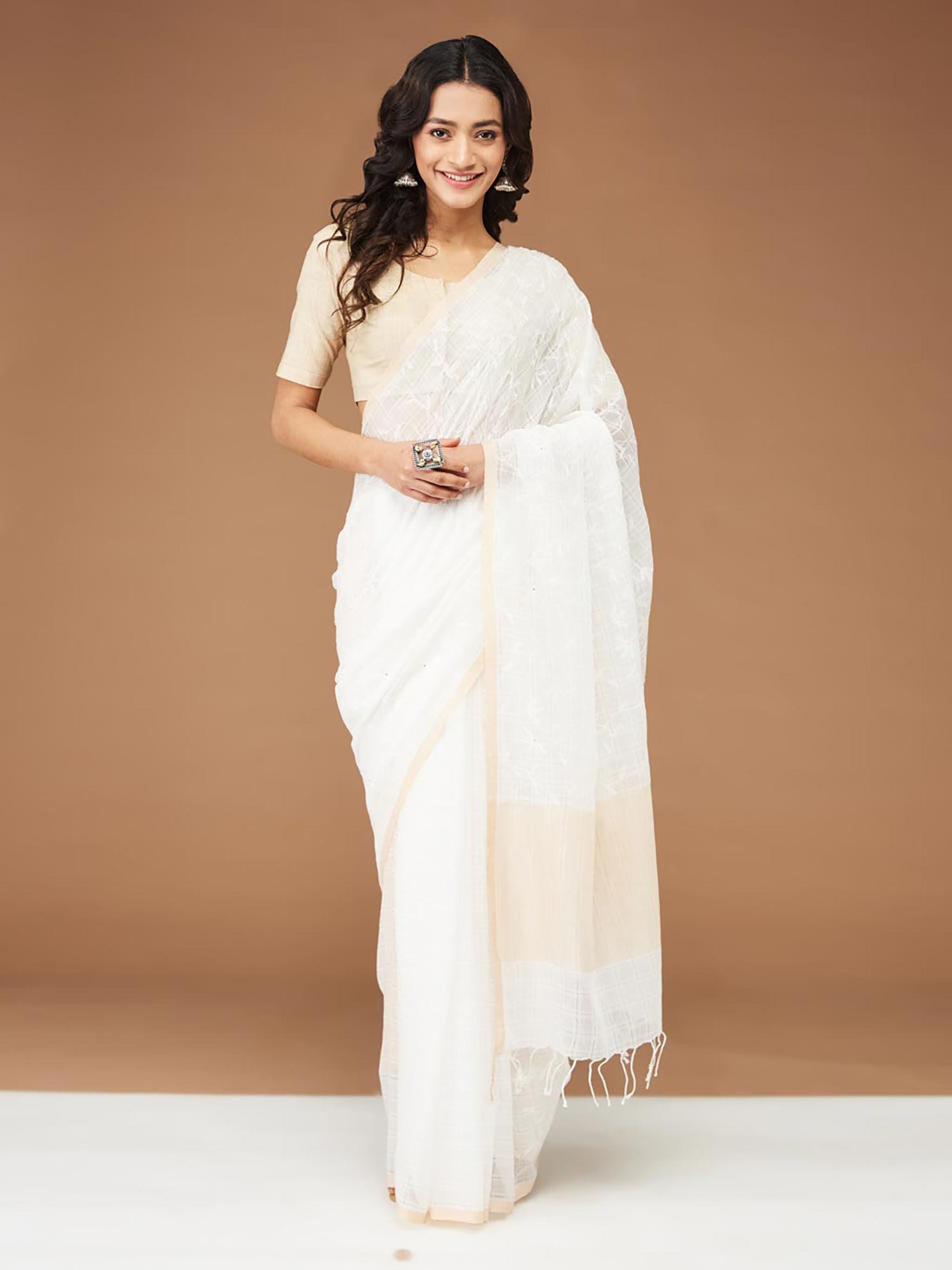 white cotton silk embroidery chikankari saree without blouse