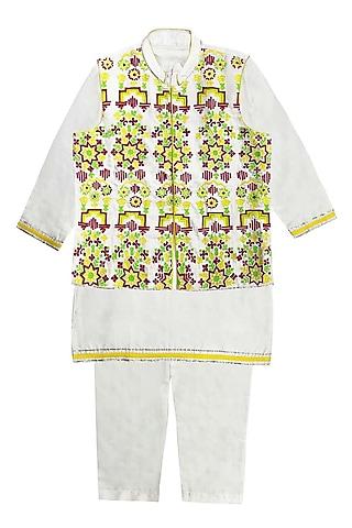 white cotton silk machine embroidered waistcoat set for boys