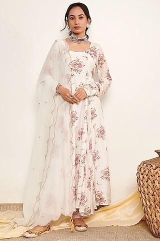 white cotton silk printed anarkali set