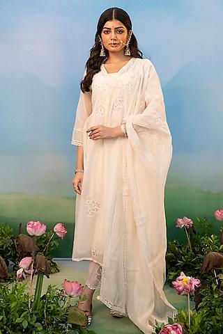 white cotton silk sequins embroidered kurta set