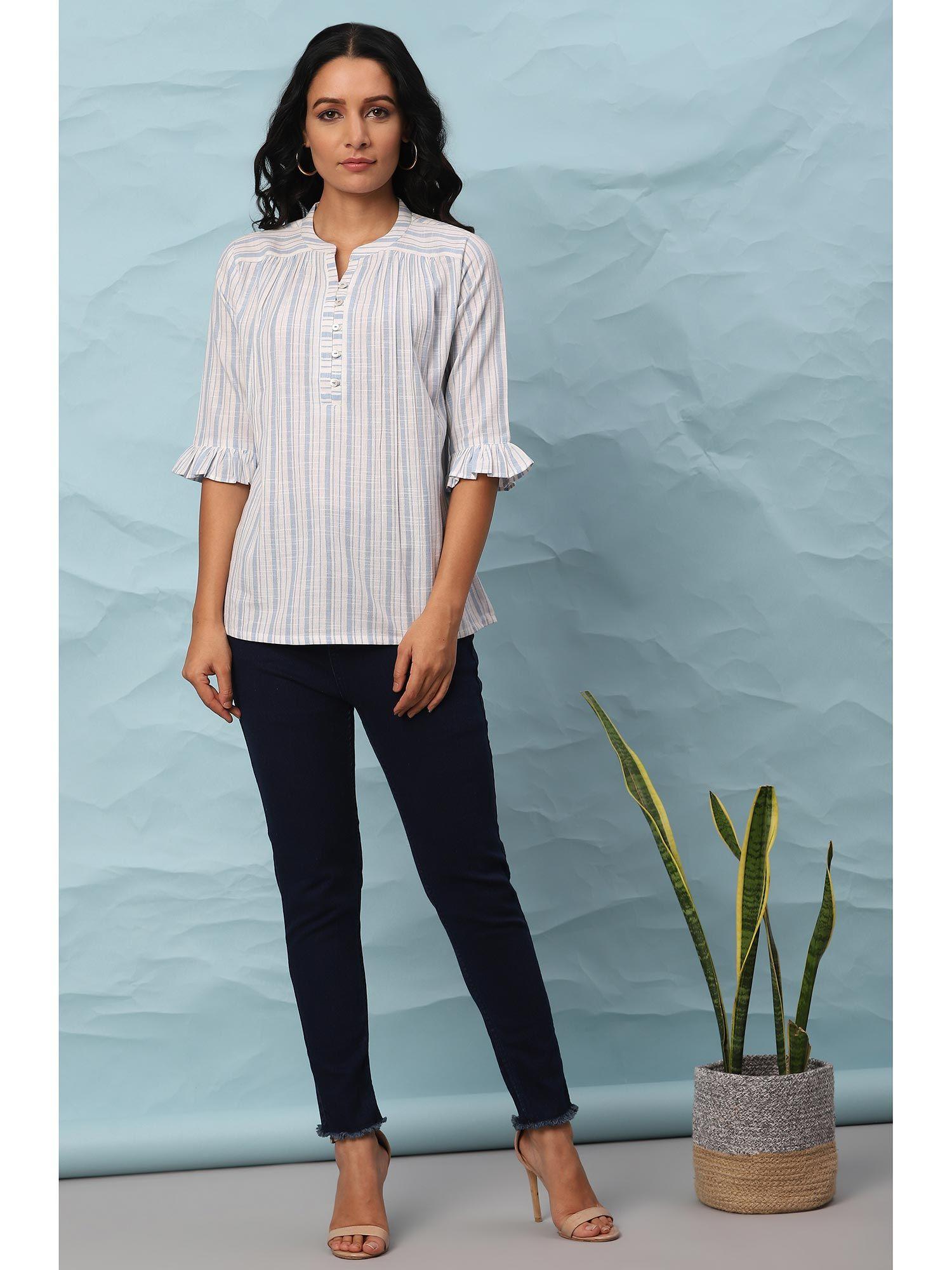 white cotton slub striped straight top