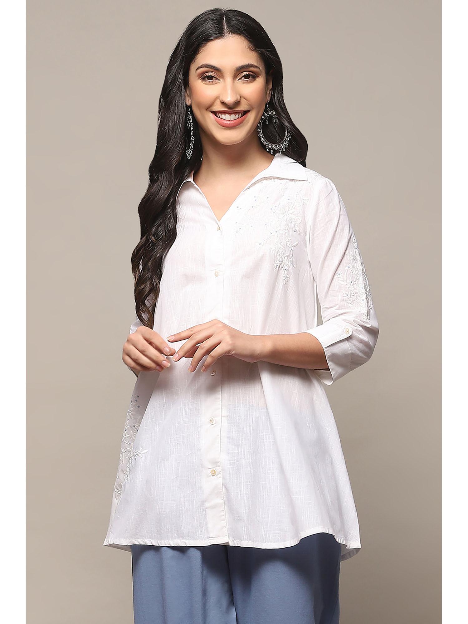 white cotton straight embroidered collar neck shirt