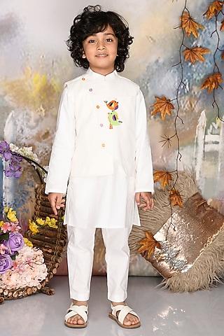 white cotton thread embroidered jacket set for boys