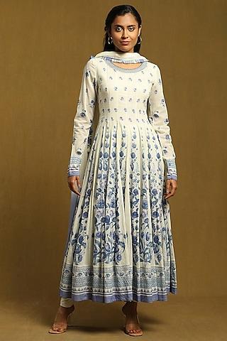 white cotton voile floral printed anarkali set