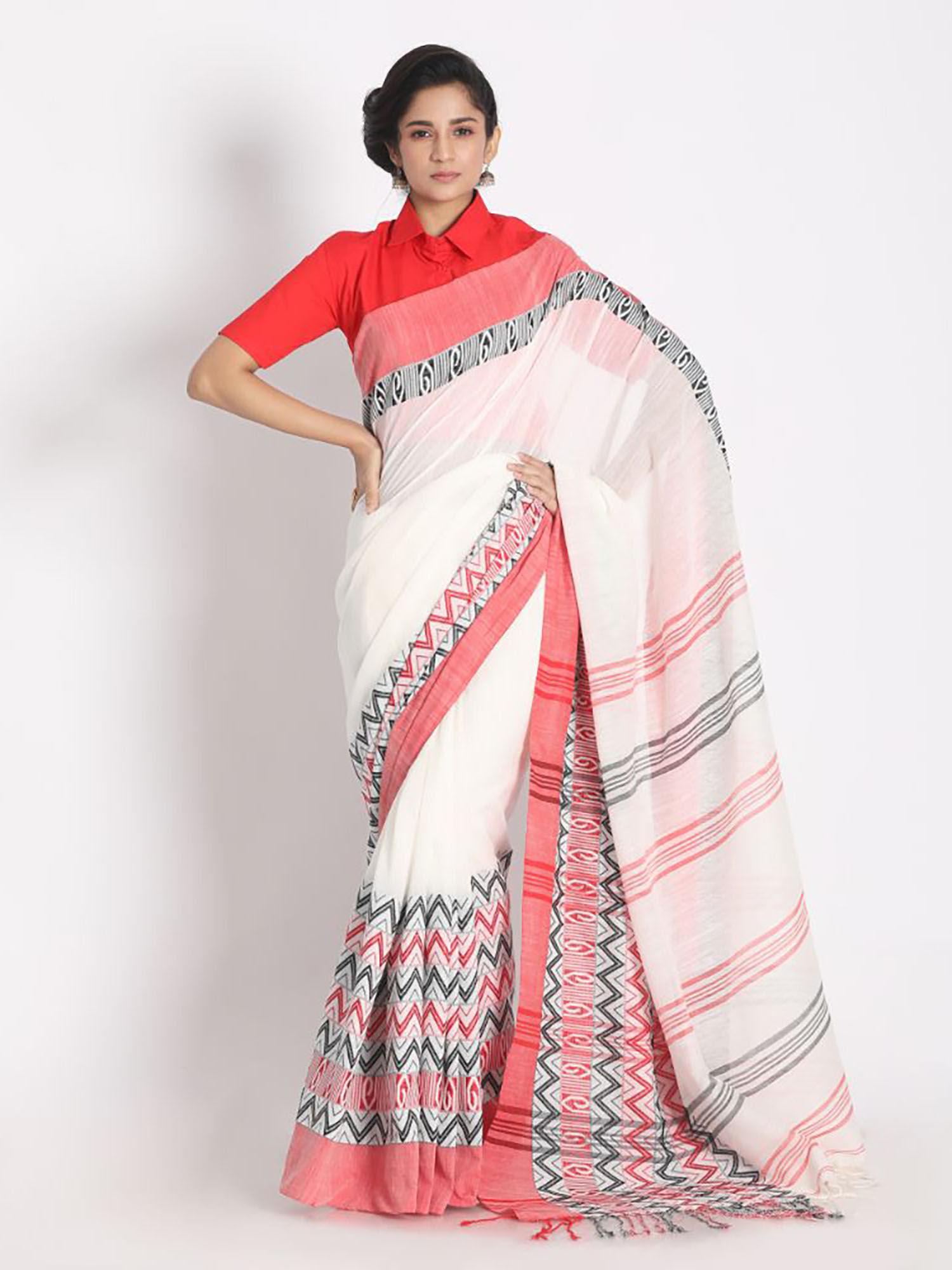 white cotton woven saree with unstitched blouse